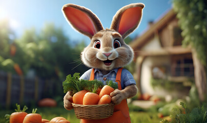 Rabbit collects carrots in the vegetable garden in a basket