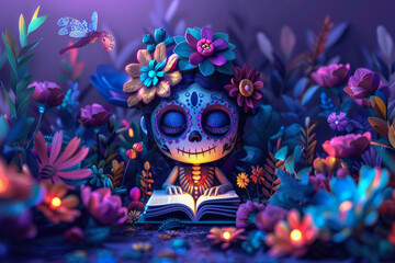 3D skull with face paint and flowers character sits at the table and reads a book in the form of a flower,, purple background,