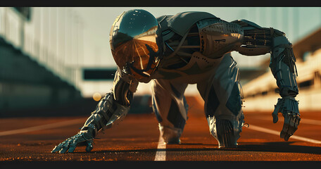 Robotic runner crouched at the start line in a race track setting during sunset.