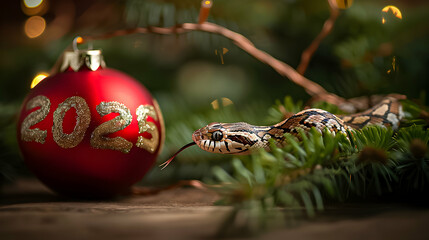 Snake slithering around a red "2025" Christmas ornament in a cozy setting.