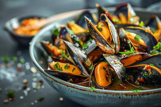 Fresh mussels in herb and garlic broth, selective focus. Generative AI image - Powered by Adobe