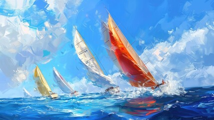 Impressionist painting, vibrant sailboats racing on a sunny afternoon, water reflecting the clear blue sky, strong winds, playful waves realistic - Powered by Adobe