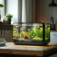 A rectangular fish tank sits brightly on a wooden table