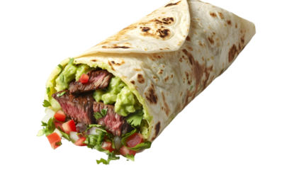  A savory carne asada burrito stuffed with juicy grilled steak, guacamole, and salsa, wrapped tightly, transparent background