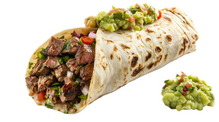  A savory carne asada burrito stuffed with juicy grilled steak, guacamole, and salsa, wrapped tightly, transparent background