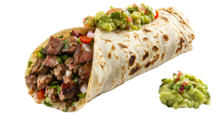  A savory carne asada burrito stuffed with juicy grilled steak, guacamole, and salsa, wrapped tightly, transparent background