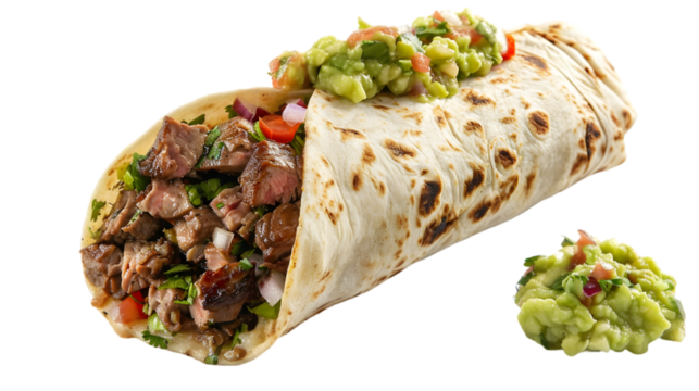  A savory carne asada burrito stuffed with juicy grilled steak, guacamole, and salsa, wrapped tightly, transparent background