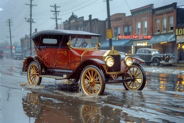 A retro car stands on the road outside in the city in rainy weather in the 1920s , 1930s and 1940.
