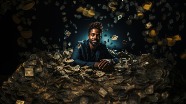 Confident Black Man Surrounded by Euro Banknotes in a Wealth and Finance Concept - Powered by Adobe