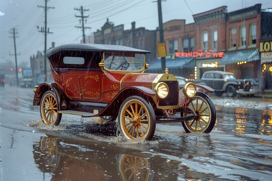 A retro car stands on the road outside in the city in rainy weather in the 1920s , 1930s and 1940.