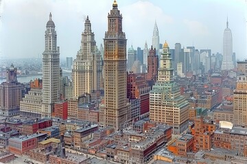 Naklejka premium Aerial view of 1930s-1950s city with high rise buildings and streets, vintage urban cityscape