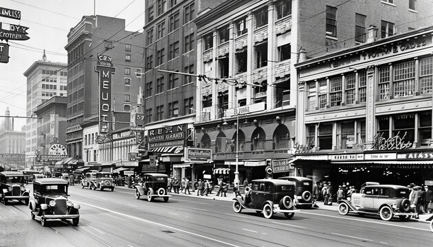 Vintage urban streets and buildings in a bustling cityscape during the 1920s, 1930s, and 1940s