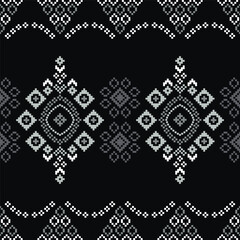 Traditional black ethnic motifs ikat geometric fabric pattern cross stitch.Ikat embroidery Ethnic oriental Pixel black background.Abstract,vector,illustration. Texture,decoration,wallpaper.