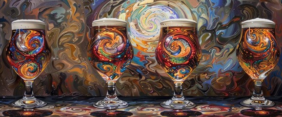 Fototapeta premium Beer Glasses, Swirling Textures, Intricate Designs, International Beer Day Background