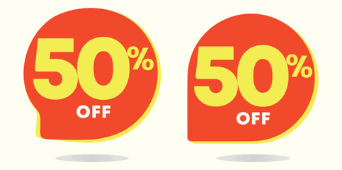 50% off. Special offer tag, sticker. Poster, percent price, value. Red balloon shape. Advertising campaign. Sales, promo, store, mall, retail. Vector set icon