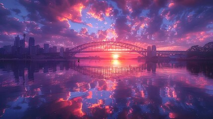 AI generated illustration of a Sydney Harbour Bridge at sunset reflecting in water