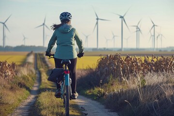 woman on a bicycle from behind riding through a field with a view of windmills. Green eco energy and sustainable eco transport concept. 