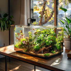 A rectangular fish tank sits brightly on a wooden table