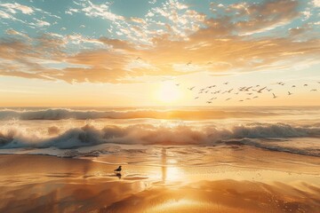 ocean beach at sunset or sunrise with birds flying in the beautiful sky