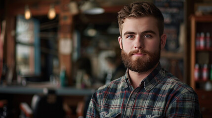 A stylish man with a well-groomed beard and hairstyle poses for a portrait. He wears a plaid shirt and stands in a barbershop.