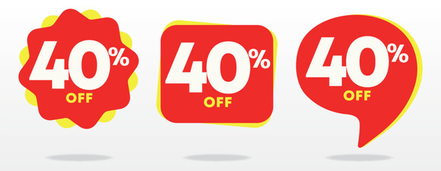 40% off. Discount price, value. Special offer tag, sticker. Advertising red, yellow, business. Campaign shop, sales, retail, store. Set, vector, icon