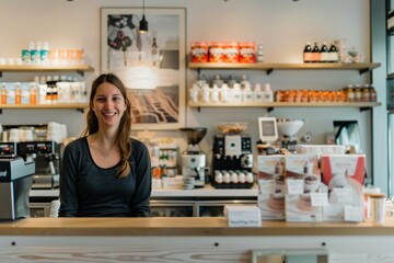 woman barista or coffee shop owner at cafe workplace behind the counter. Small business owner. Paying taxes.