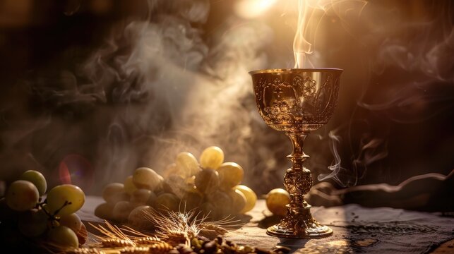 Experience the sacred act of communion as you partake in the Holy Grail embodying Corpus Christi and the Bible Listen to the whispered secrets of wheat and grapes as they mingle in the chali
