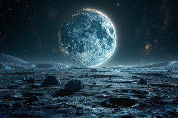 A lunar landscape diorama simulating the barren surface of the moon, with craters, lunar rocks, and...
