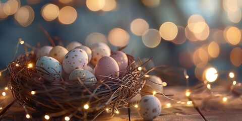 A charming display of speckled Easter eggs nestled in a twig nest, surrounded by warm fairy lights - Powered by Adobe