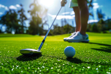 a golfer swings a golf club from behind at a ball standing on a green lawn, sunny day soft smooth lighting premium quality