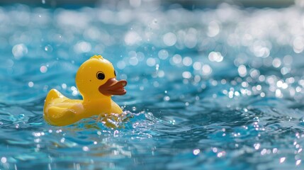 A sunny summer day finds a bright yellow rubber duck happily bobbing in the cool blue pool water happily splashing about and enjoying a refreshing swim