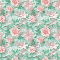 Fototapeta premium Mixed flowers, light pink mint green leaves, 3 D seamless fabric pattern, textile, background Fashion Design Textile Craft background