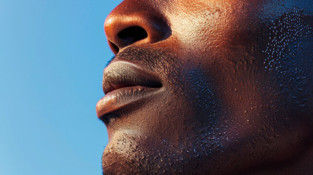 Close-up of a young African-American man's skin. The texture of his skin resembles a garden, with the sky in the background. This image is about skincare, body care, and healthcare.