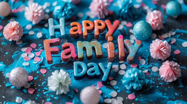 family celebration, a banner displaying happy family day in vibrant colors, creating a joyous atmosphere for the celebration