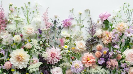 Fototapeta premium Flowers wall background featuring stunning red, orange, pink, purple, green, and white chrysanthemum flowers. This hand-made, beautiful flower wall serves as a wedding decoration