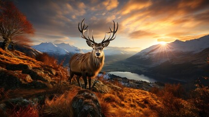 Majestic Red Deer Stag in Beautiful Alpine Landscape at Sunset