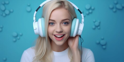 close-up of an adorable blond girl in a casual outfit relaxing and dancing in big white headphones on a blue background
