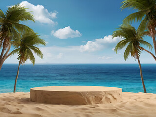 Beach podium background product summer stone display stand sea cosmetic. Product summer background podium beach sky scene presentation platform nature blue pedestal beauty water mockup