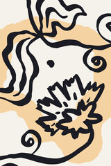 Poster or card with ink brush abstract flower sketch and grungy organic shapes. Black silhouette of minimalist doodle floral element and geometric design