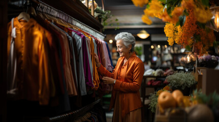 Fototapeta premium Fashionable Elderly Woman with Gray Hair Shopping for Clothes in Boutique