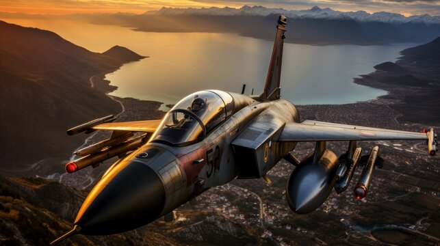 Fighter Pilot Cockpit View at Sunrise Over Mountainous Landscape and Serene Lake