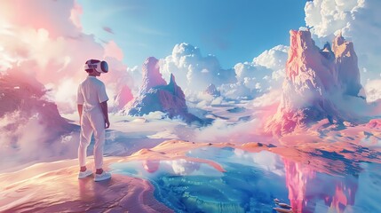 A man wearing a VR headset stands on a cliff overlooking a surreal landscape. The sky is pink and cloudy, and the ground is covered in pink and white rocks. There is a body of water in the foreground. - Powered by Adobe
