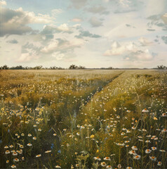 Chamomile field, agricultural land planted with chamomile, view at sunset