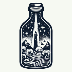 lighthouse and ocean waves in a bottle illustration