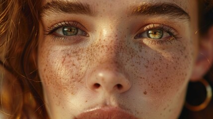 Fototapeta premium Macro shot of a young woman with distinct freckles and captivating green eyes