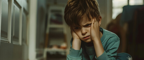 Fototapeta premium child Sad and angry after being scolded, he feels frustrated and cries sitting on the floor. bullying and loneliness concept