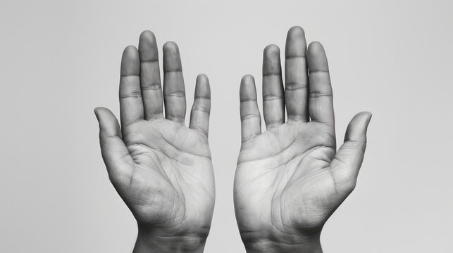 Two open empty hands with palms facing upward in black and white set against a white background