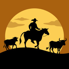 Fototapeta na wymiar A vector silhouette of a working ranch cowboy on horse herding texas longhorn cows down a hill