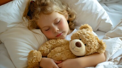 Peaceful Child Asleep with Teddy Bear in Cozy Bedroom Setting. Innocent Sleep, Comforting Plush Toy Companion. Nurturing Childhood Moments. AI