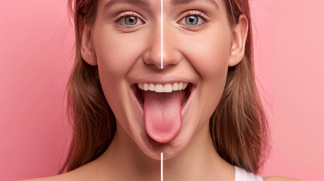 Woman showing her tongue before and after cleaning it. On one side, her tongue is covered with a white layer, and on the other side, it's pink and healthy.